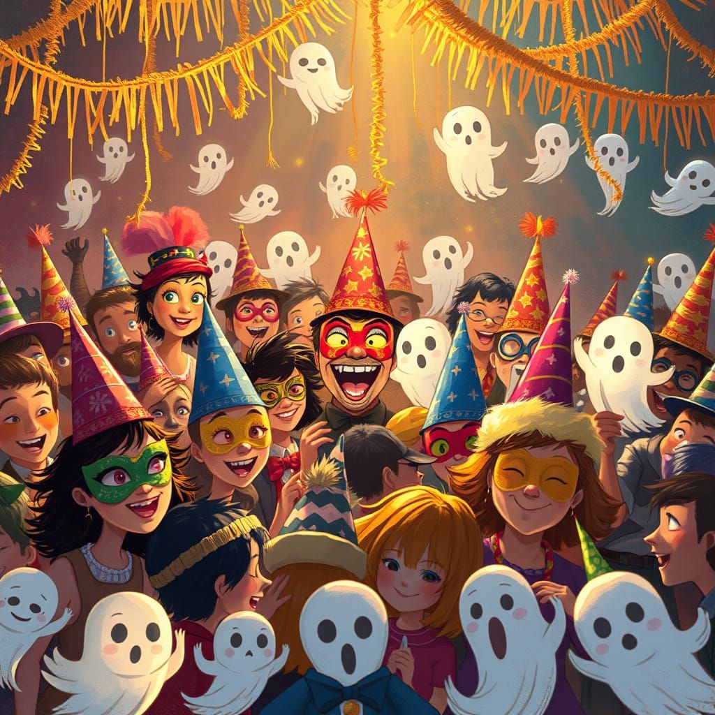 create a birthday scene lots of people wearing masks and bir...
