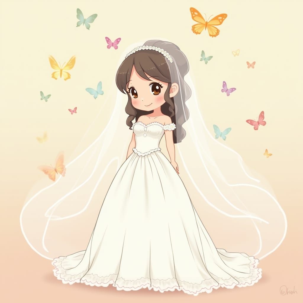Whimsical Cartoon Bride in Pastel Dreamland