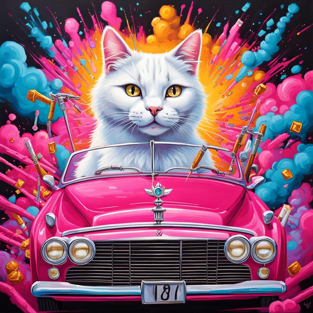 Fluffy Cat in Pink Rolls Royce Graffiti Art