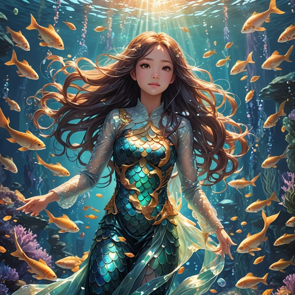 Anime Mermaid in Bioluminescent Ocean, Art Nouveau Style