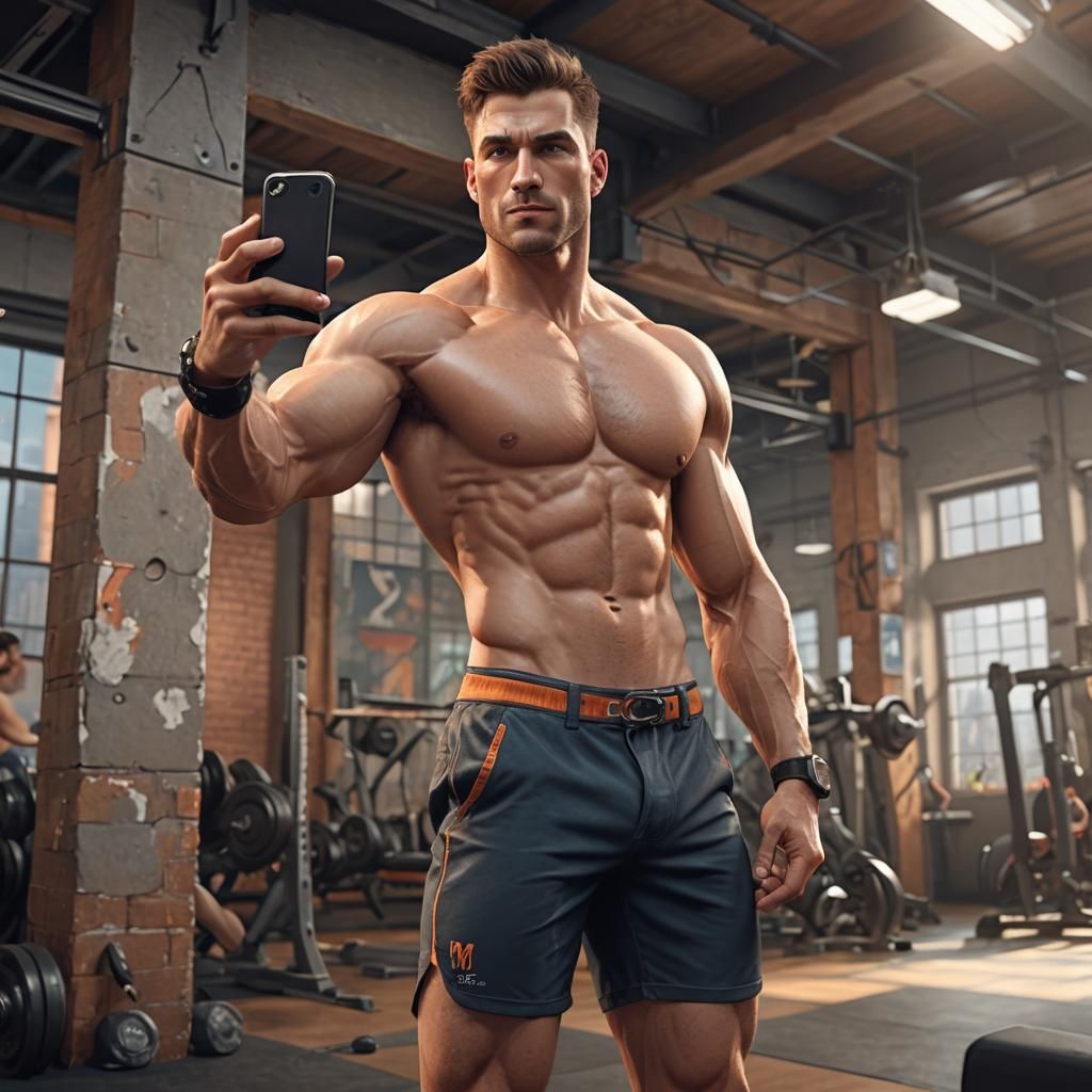 Handsome Muscle Hunk Gym Selfie, Detailed Digital Painting