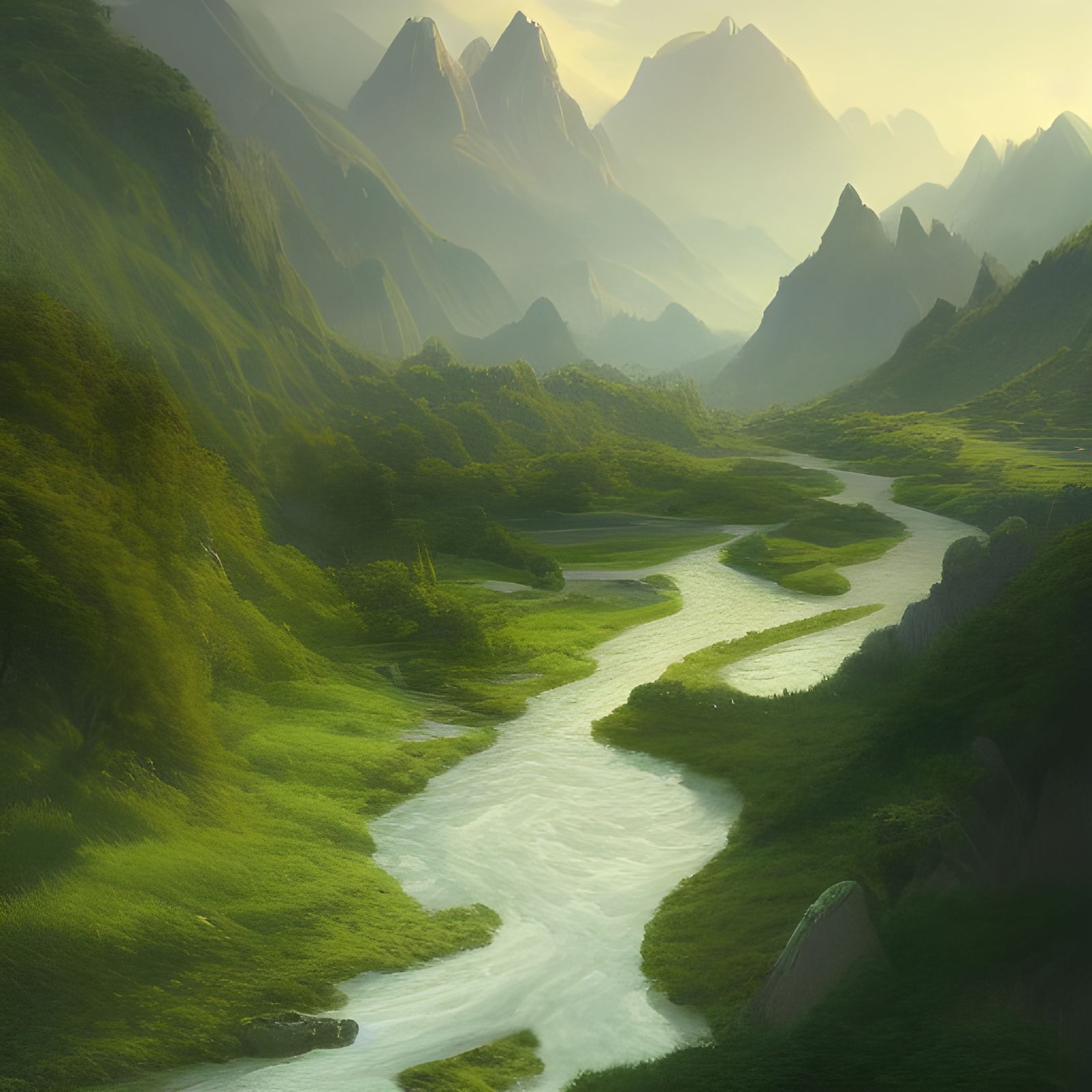 Lush Green Valley River Scene in Photorealistic Style