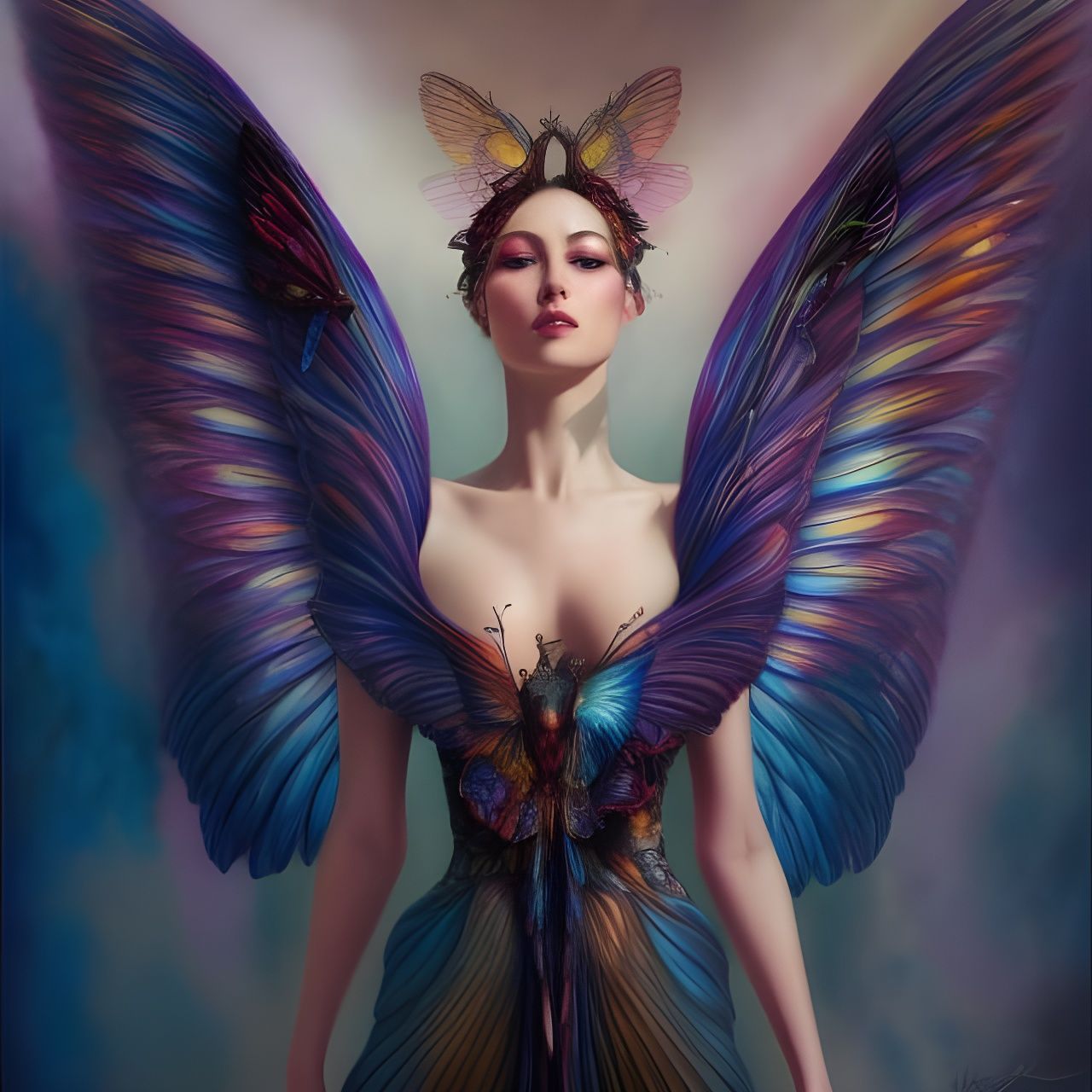 Colorful Winged Queen by Karol Bak in Cyberpunk Style