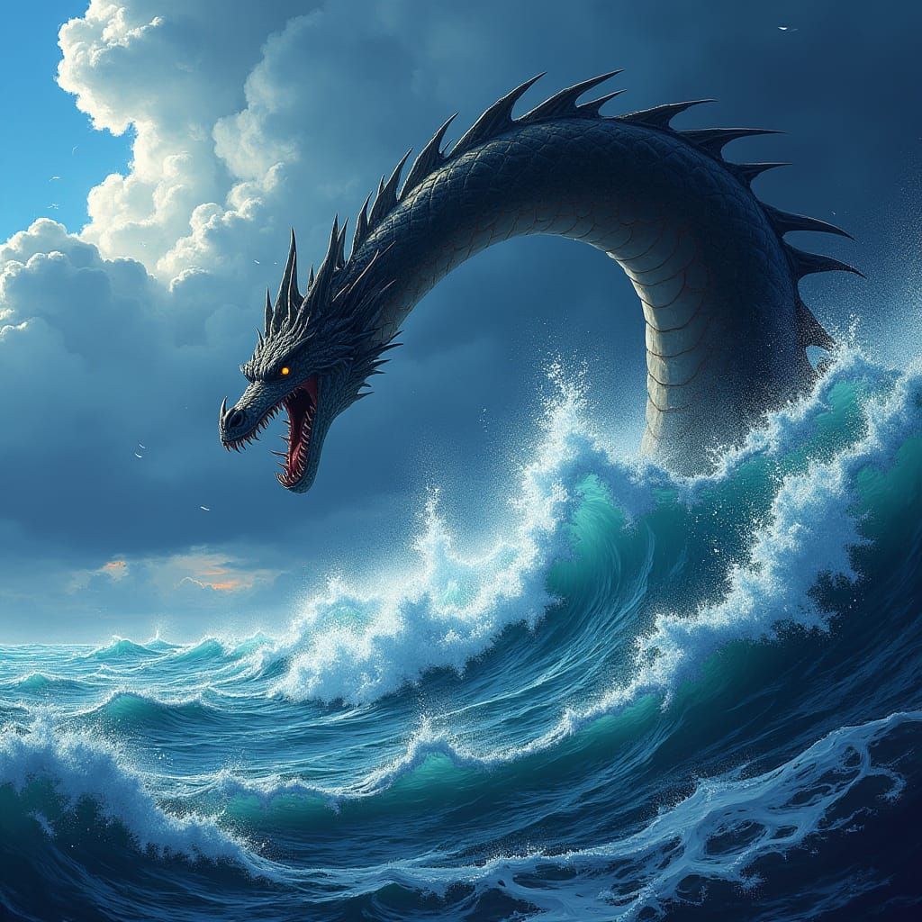 Sea Serpent Dragon Breaching Stormy Sea, Manga Scan