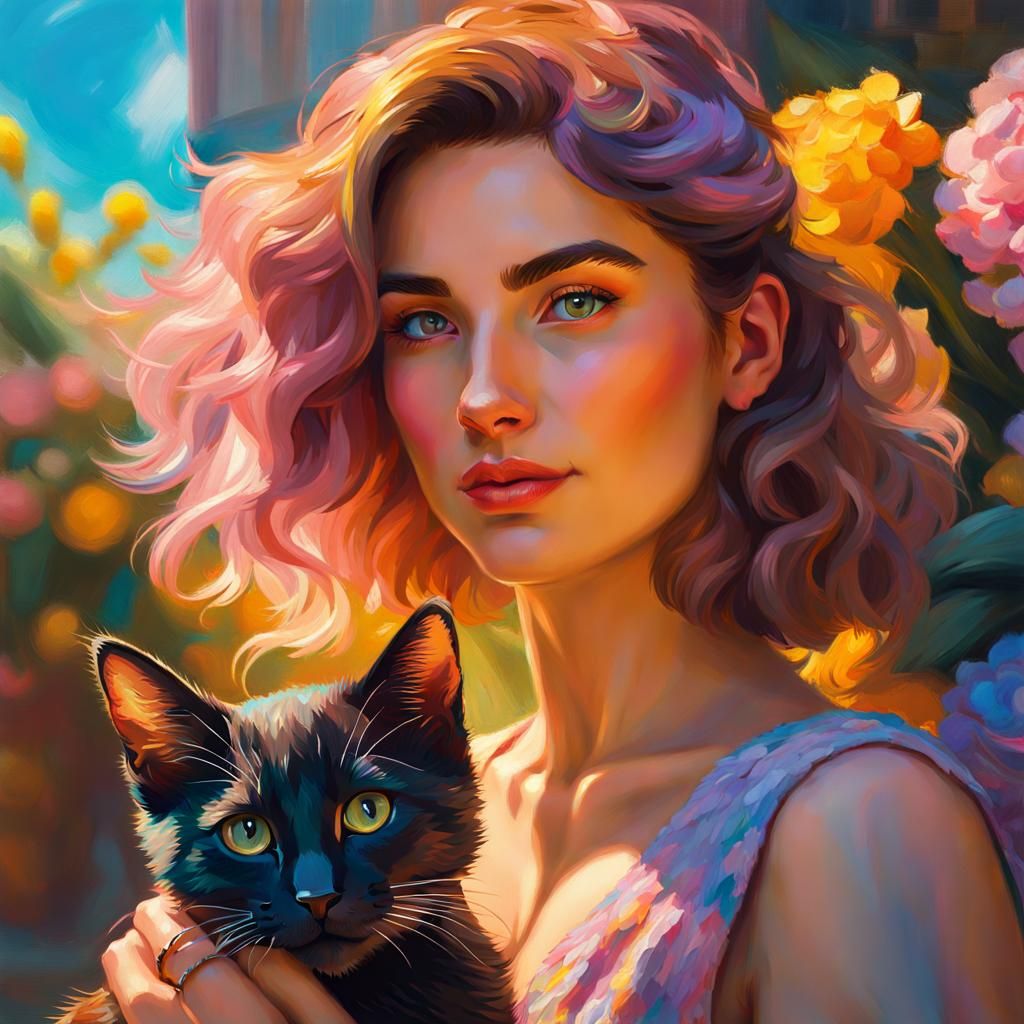 Woman with Kitten in Neo-Impressionist Impasto Style