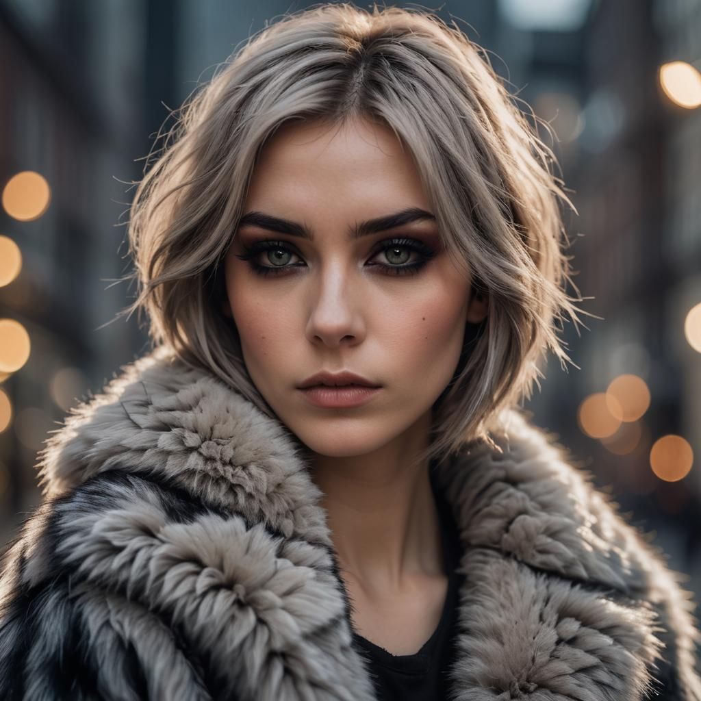Emo Girl in Fur Coat: High Fashion Portrait