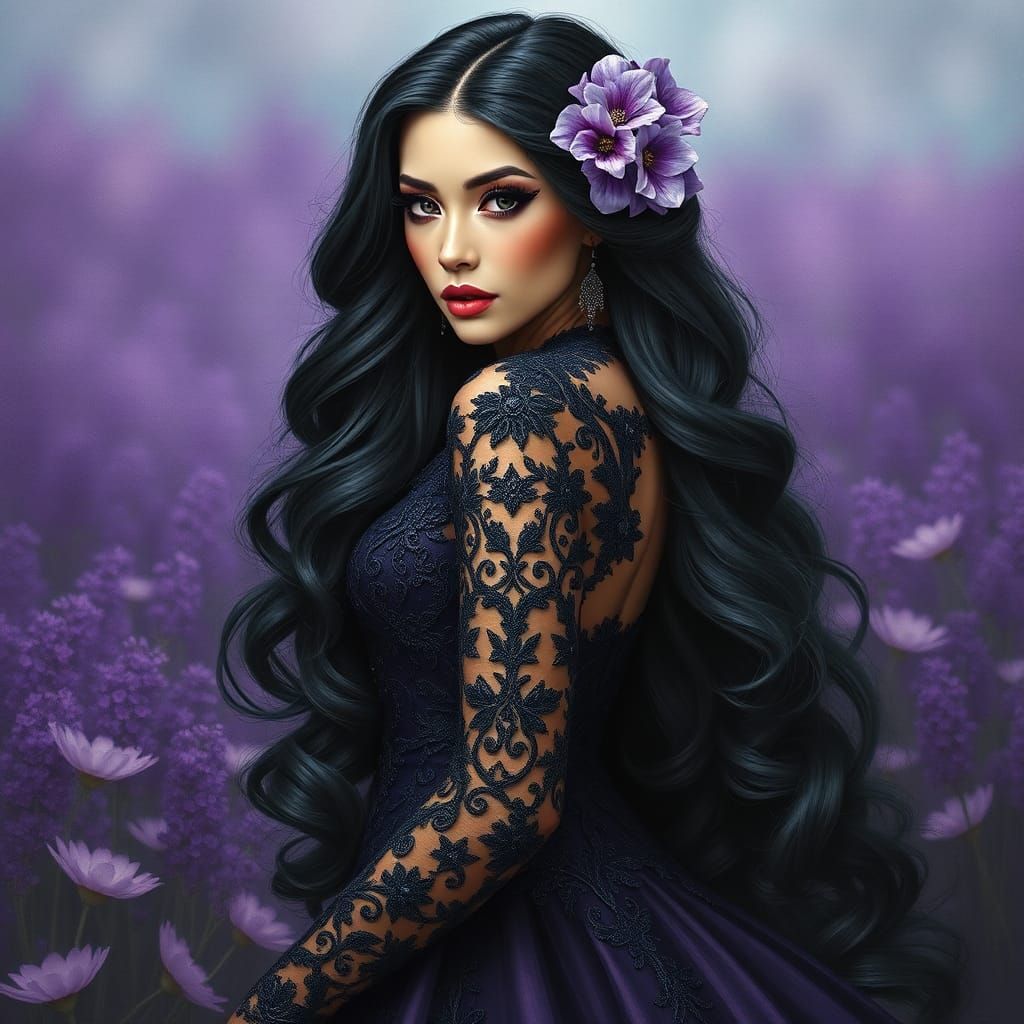 Elegant Woman in Silk Field as Impasto Painting