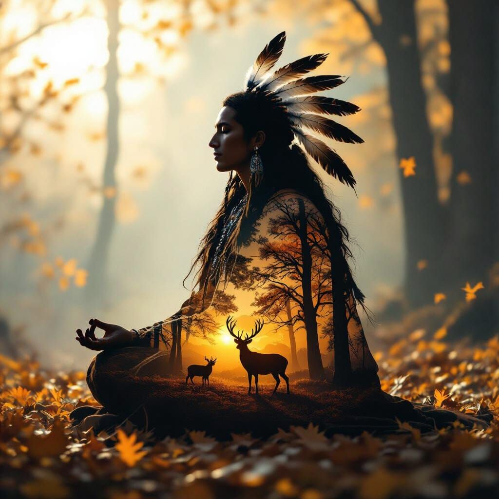 Native Spirit Guide Meditation in Autumn Forest Double Expos...