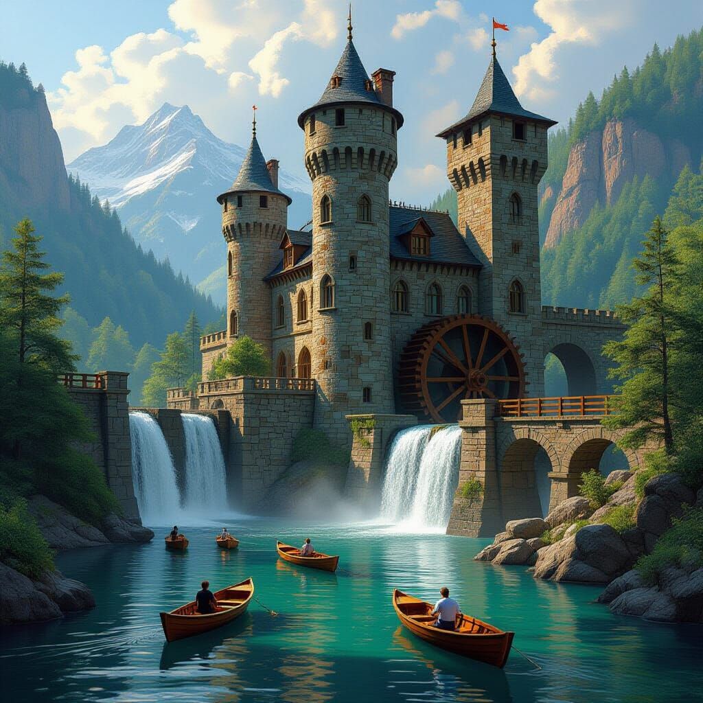 Majestic Stone Castle by River and Valley