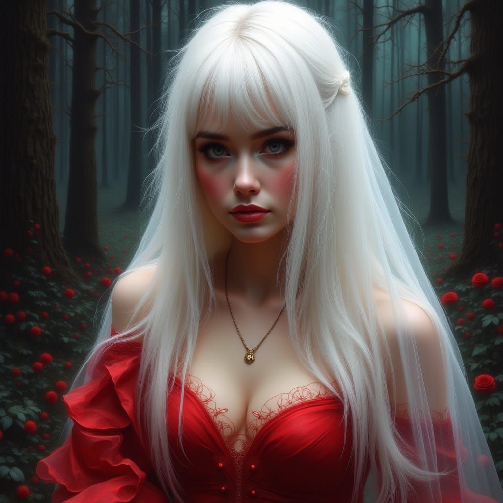 Mysterious Woman in Red Dress and Veil