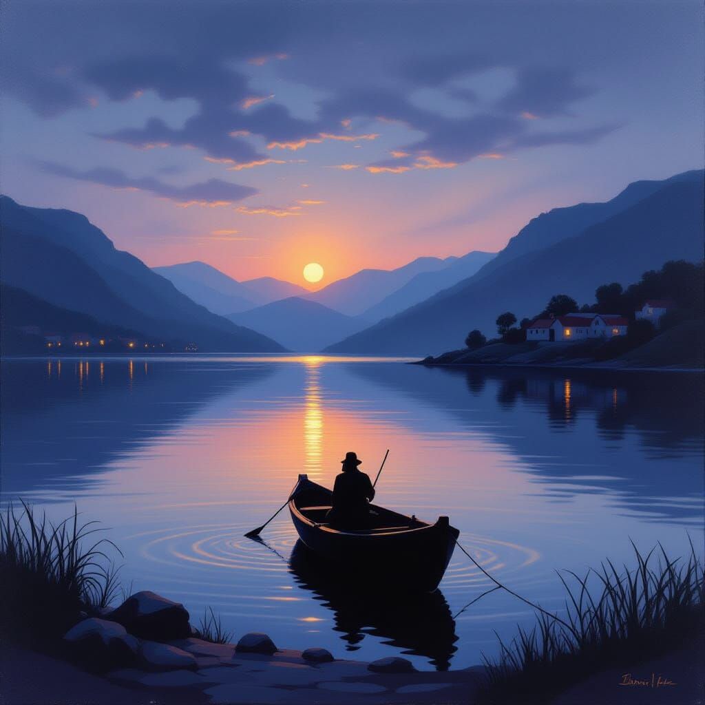 Peaceful Night Harbour Scene with Sailor