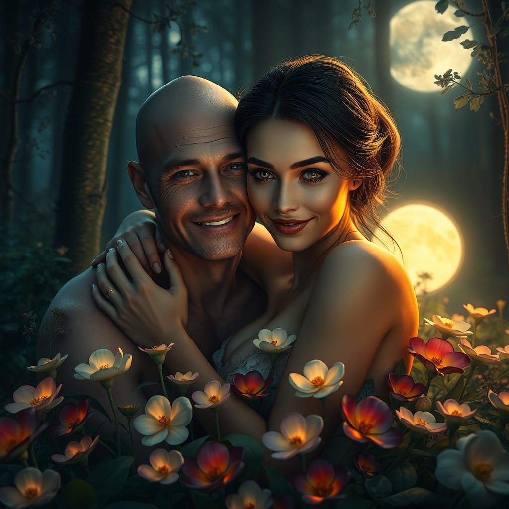 Fantasy Couple in Moonlit Forest, in the Style of Fantasy Co...