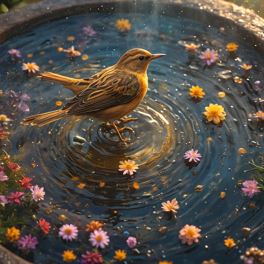 Cosmic Bird Bath in Astral Garden: Sci-Fi Illustration