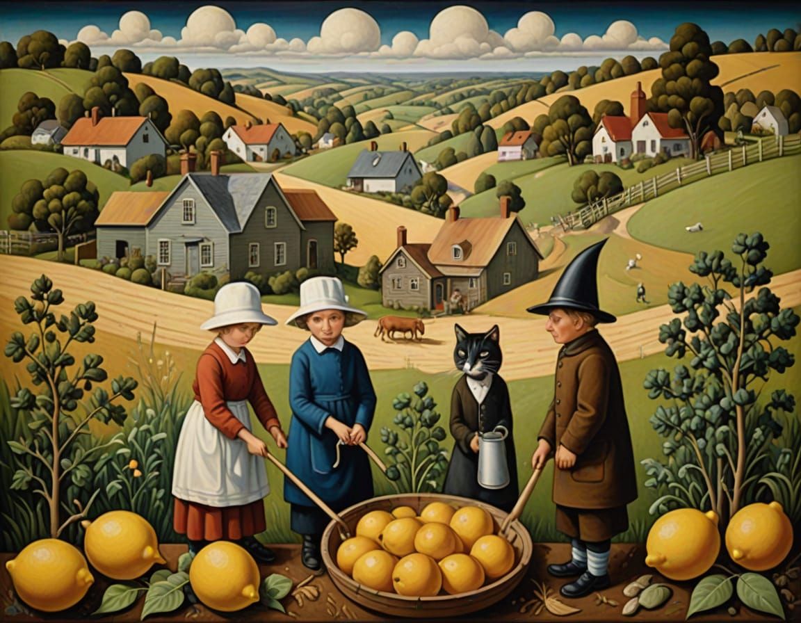 Surrealist Harvest Scene in Oil Painting