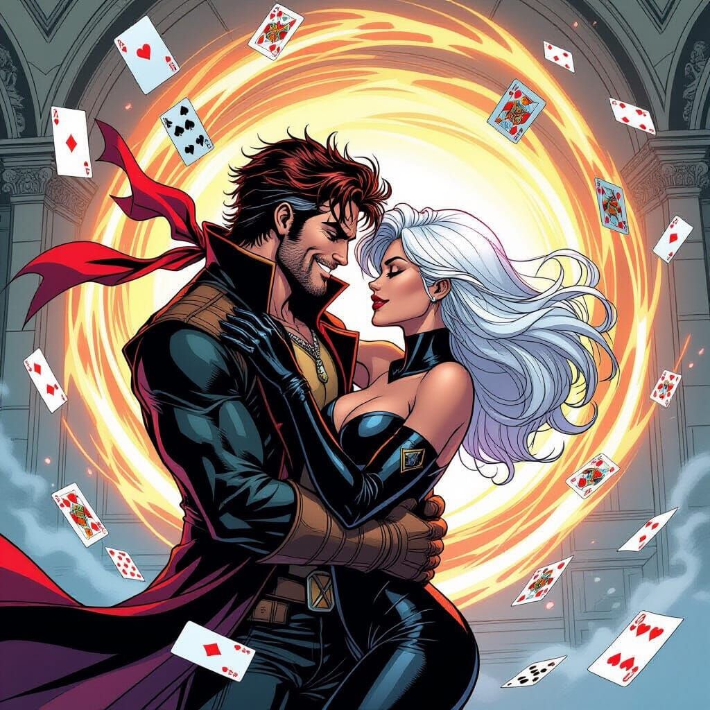 Gambit and Rogue Love Bond Amidst Cards in X-Mansion