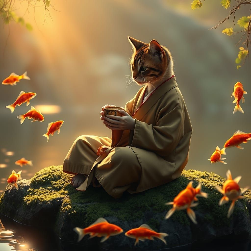 Serene Tortoiseshell Cat Girl in Nature, Enjoying Morning Te...