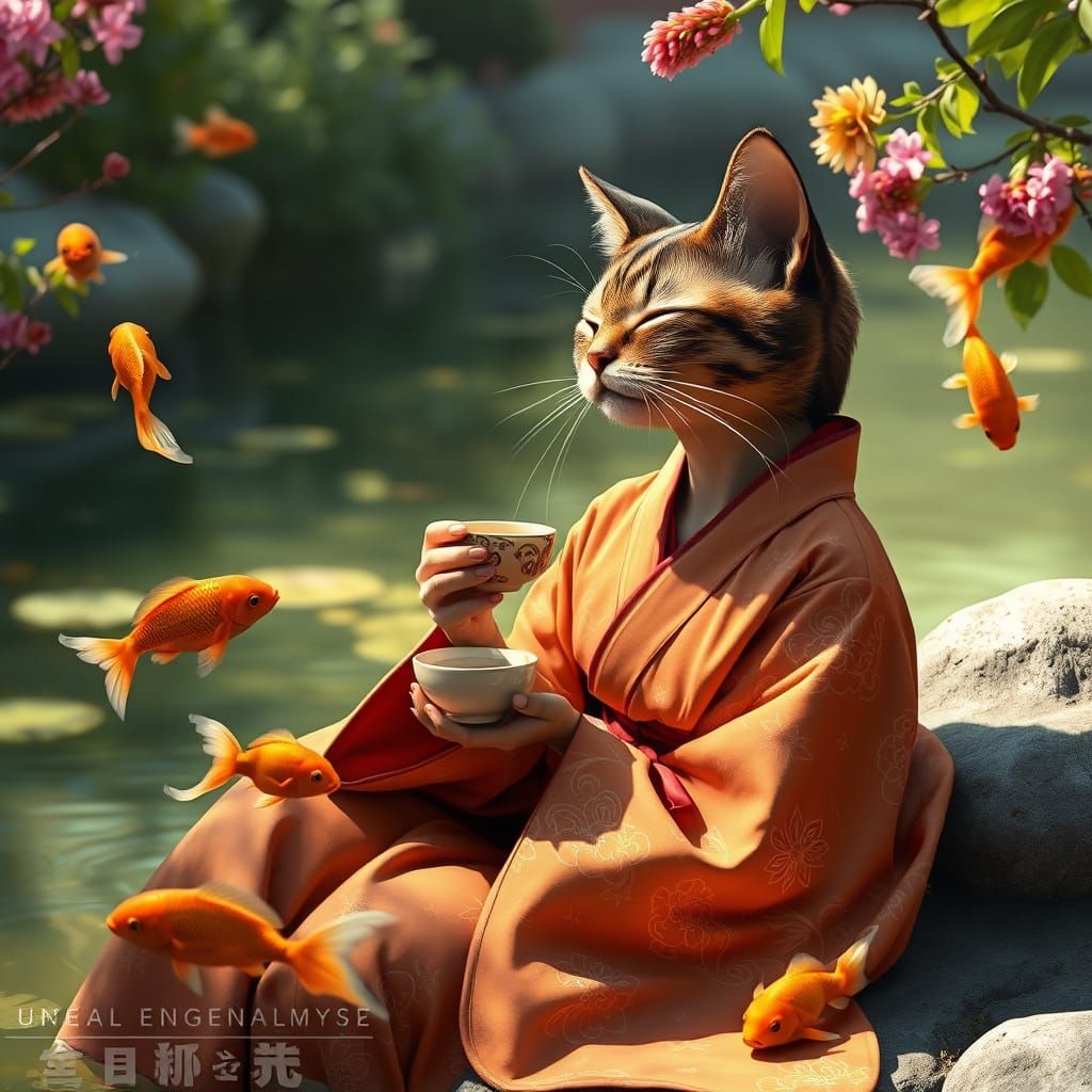 Tortoiseshell Cat Girl Sips Tea in Serene Nature Scene