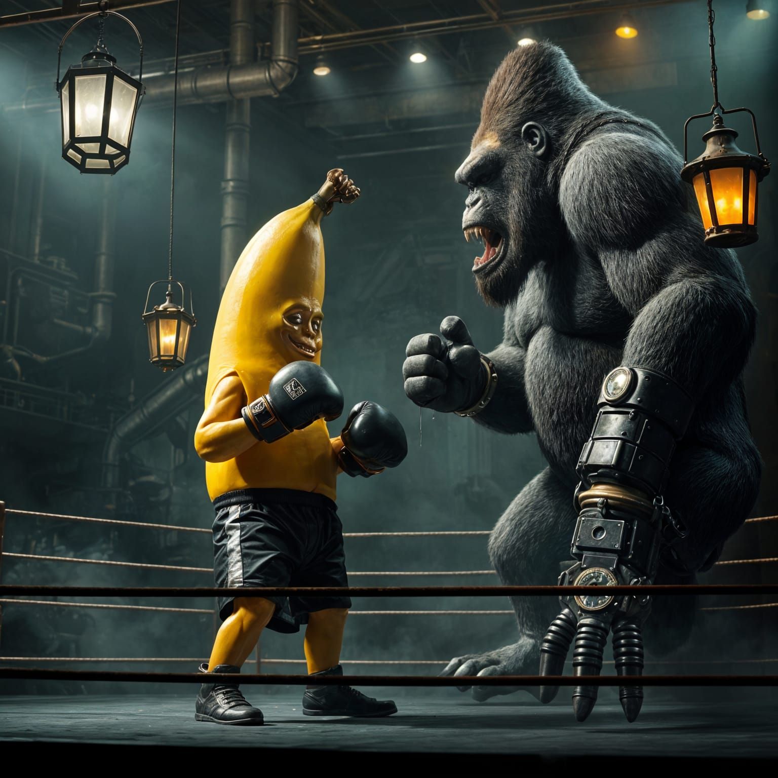 Banana Boxer vs. Cybernetic Gorilla in Retro Metropolis