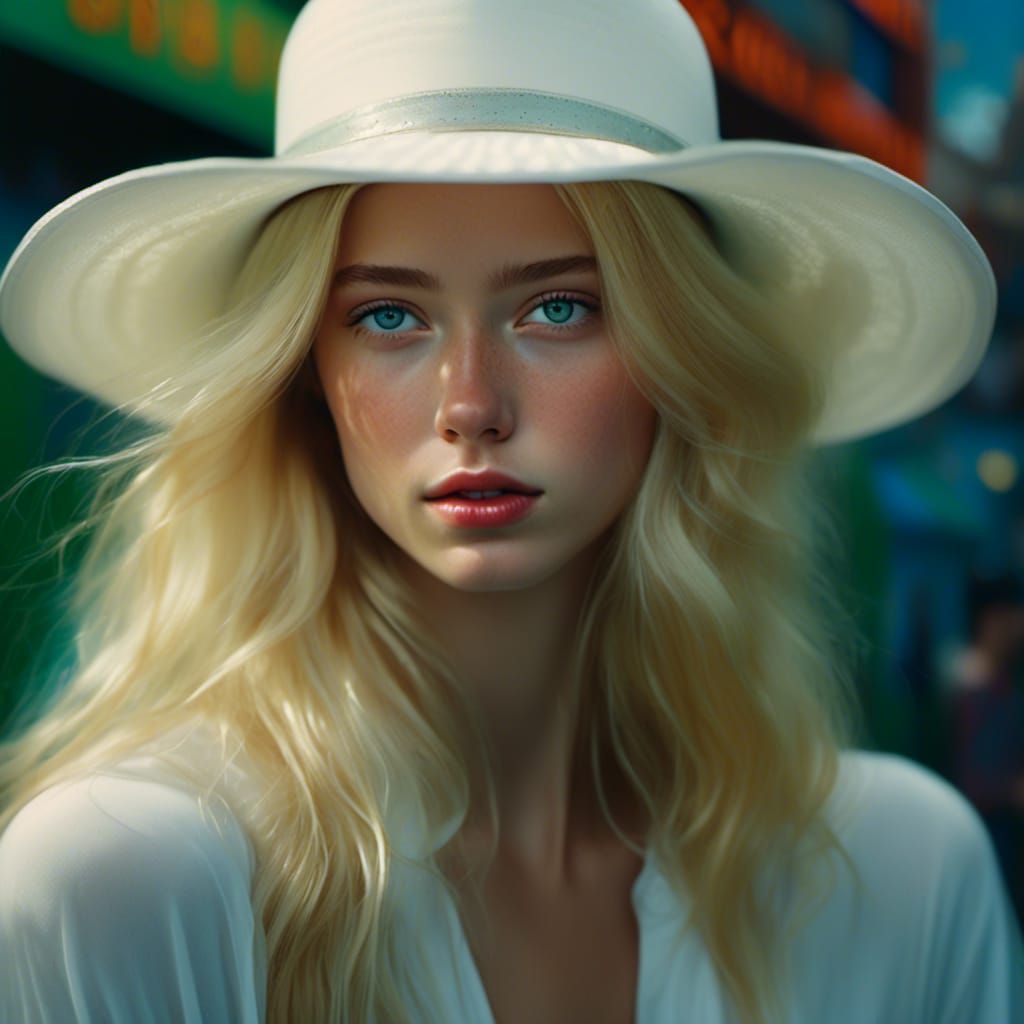 <lora:Beautify:1.0> pretty blonde girl with freckles wearing white NYC hat, long blonde hair captivate green eyes,  perf...