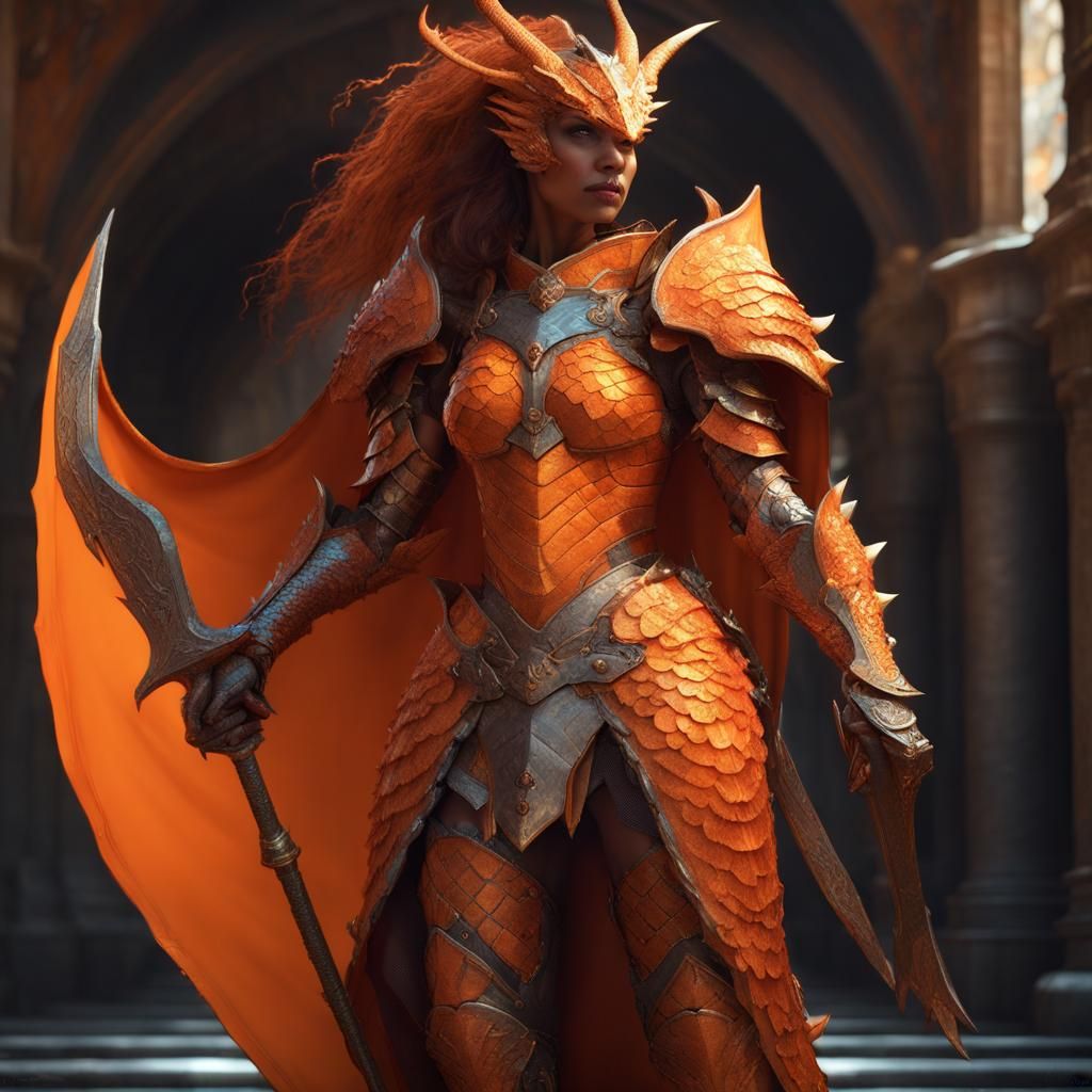 Dragon Woman in Orange Armor: Dark Fantasy Art