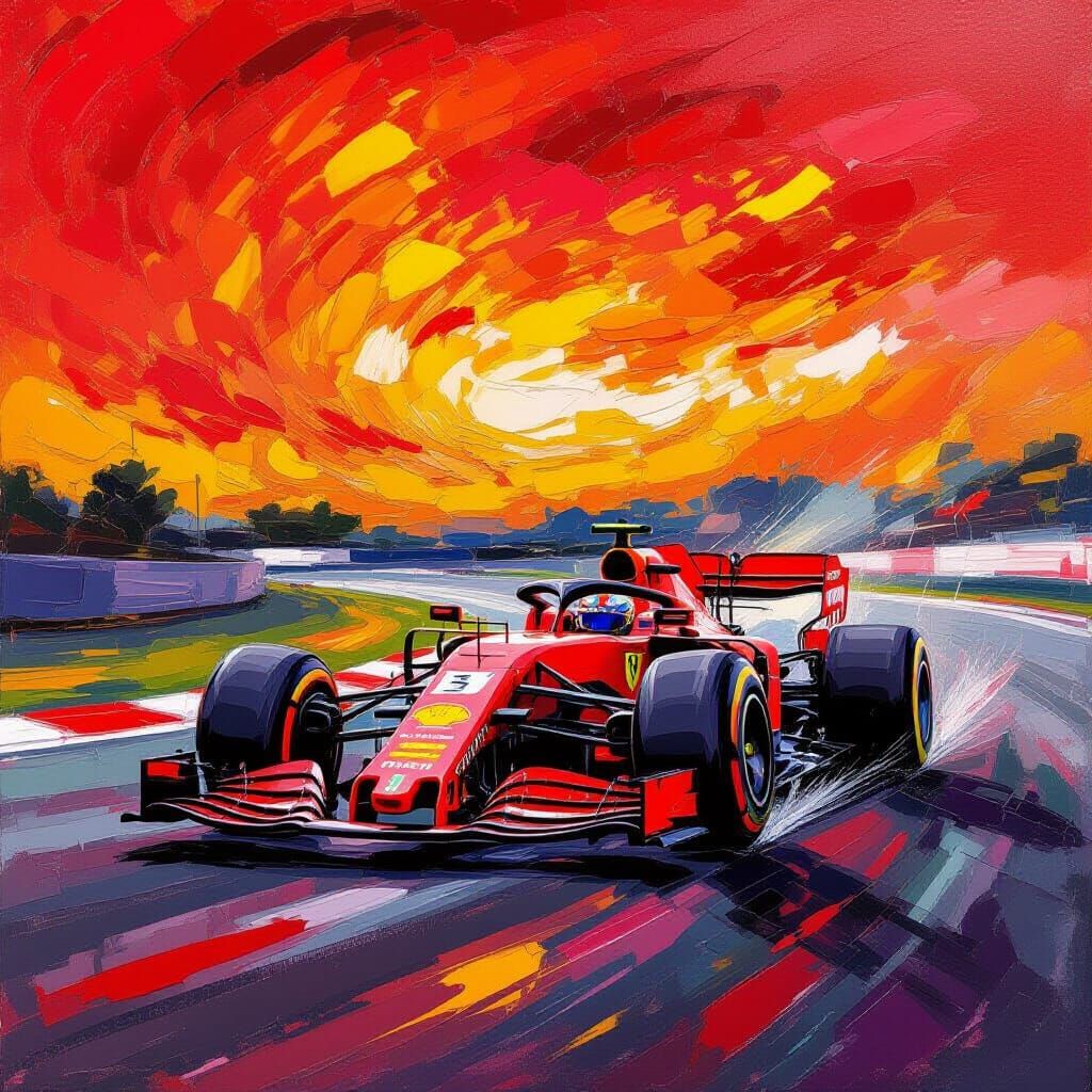 Red Formula 1 Car Speeds on Crimson Track in Impressionist S...
