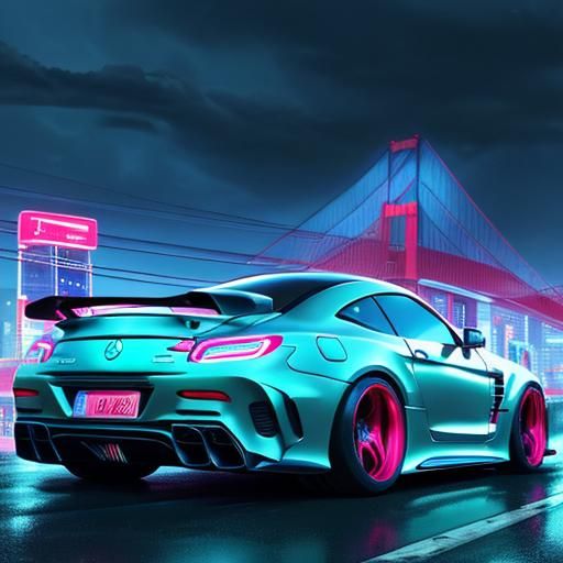 Neon Mercedes GTR in Stormy Cityscape