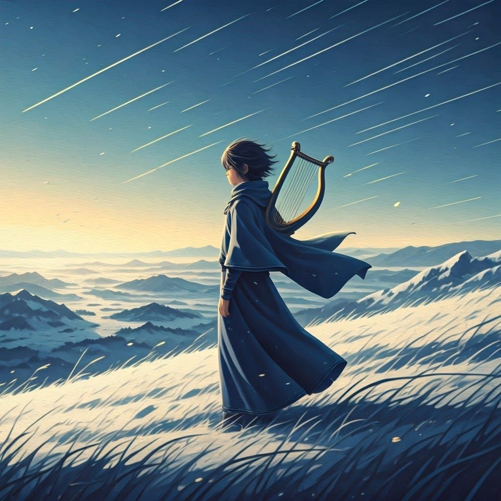 Melancholic Figure Gazing at Horizon in Dreamy Landscape