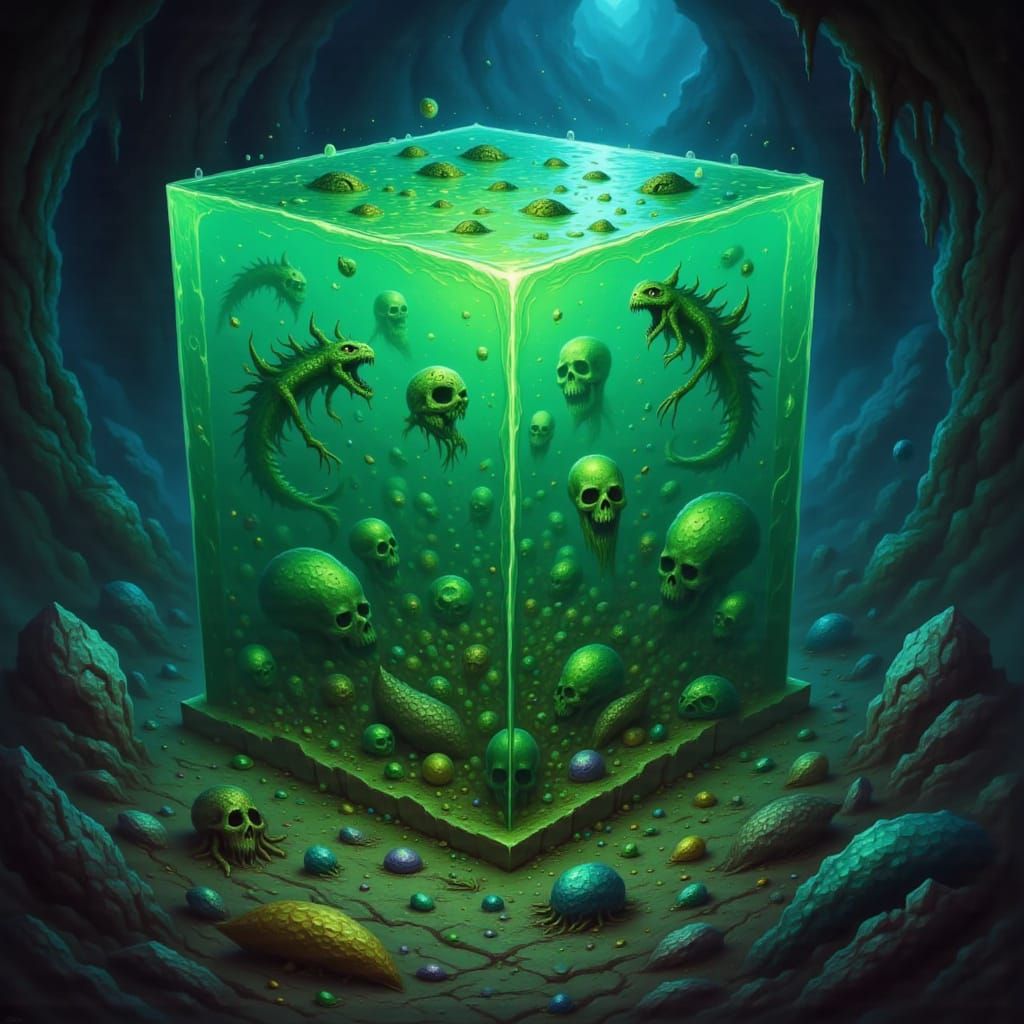 RPG Ooze Cube With Decaying Adventurers and Loot