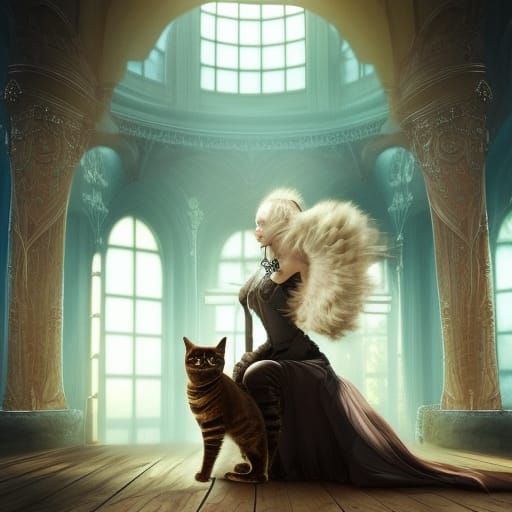 Steampunk Woman with Cat in Detailed Room