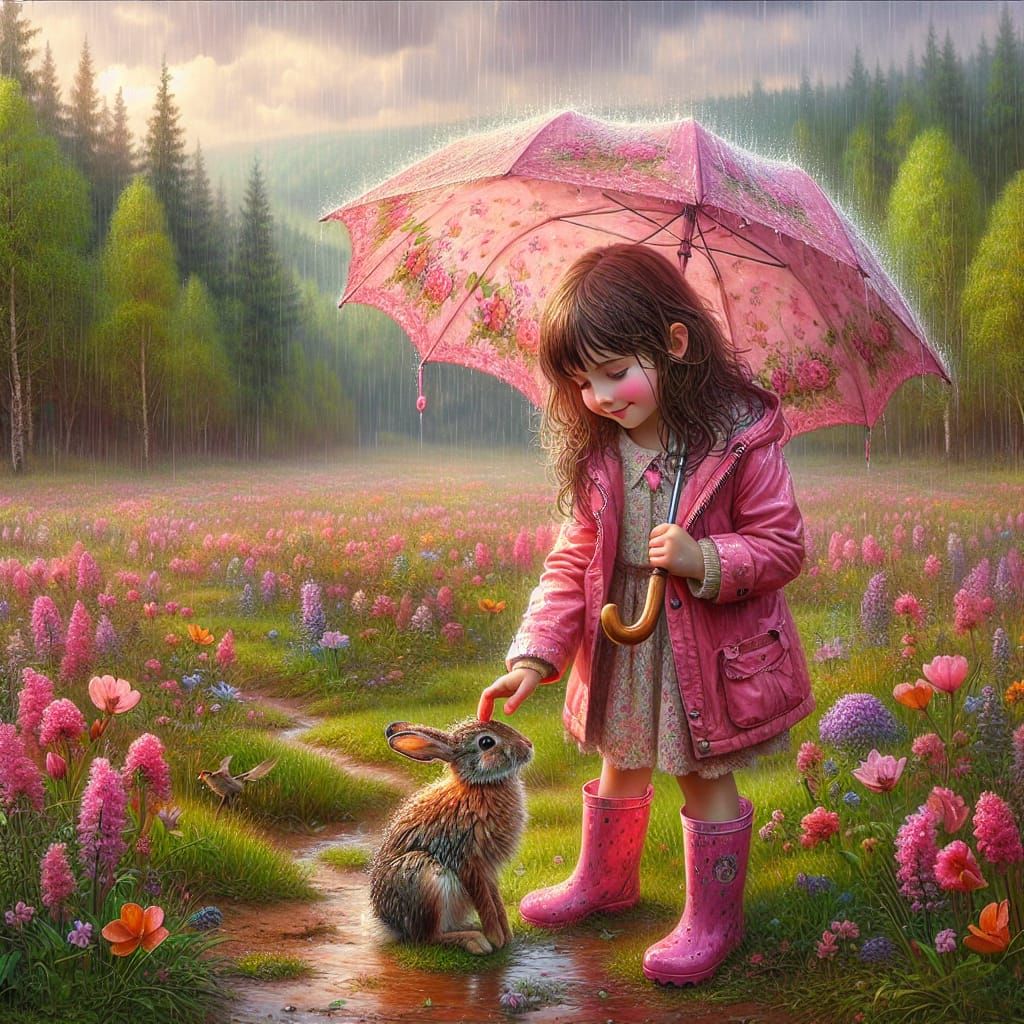 Girl Shelters Bunny in Spring Rain