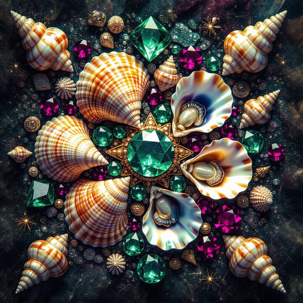 Kaleidoscope of Shellfish, Runes, and Gems in Digital Art