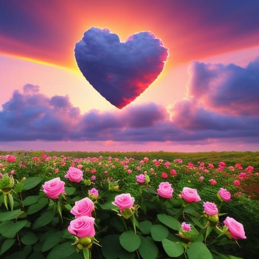 Rose Field with Heart Clouds at Sunset