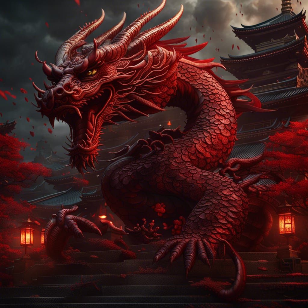 Majestic Red Dragon Attacks Temple: Dark Fantasy Art
