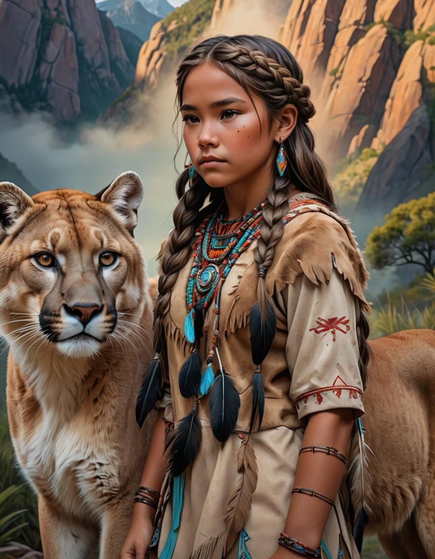 Native American Girl with Mountain Lion, Hyperrealistic Art