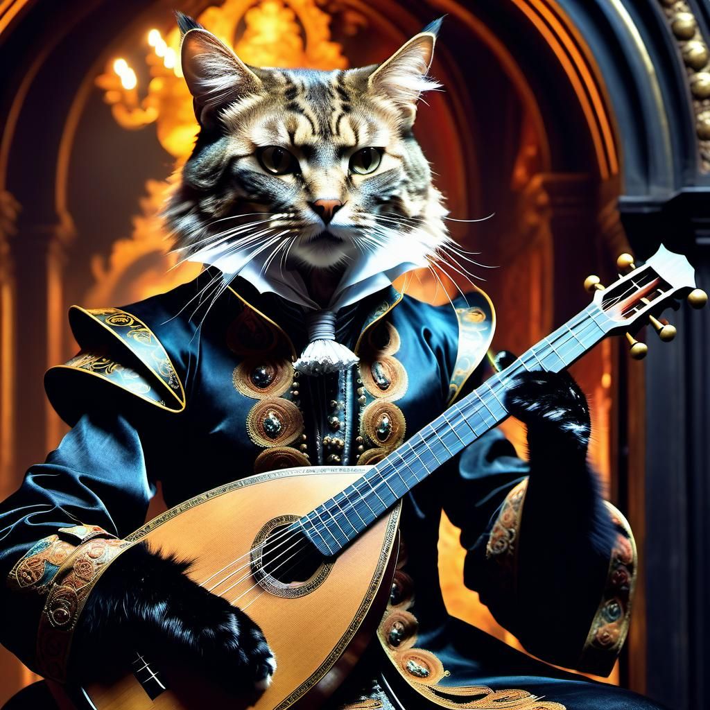 Surreal Mysticpunk Bard Cat Lute Player in Ornate Attire