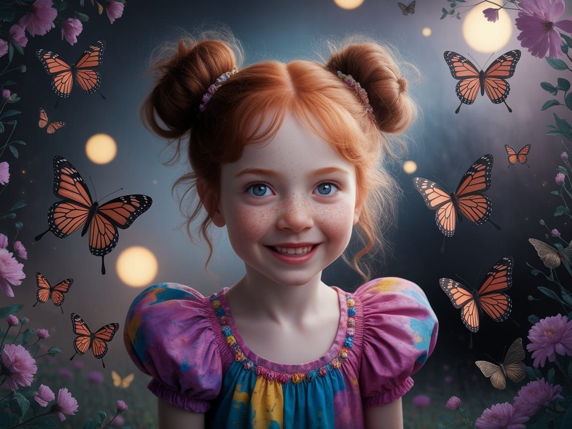 Whimsical Portrait of a Red-Haired Girl in a Dreamy Butterfl...