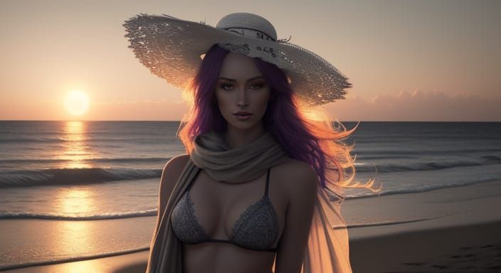 Hyperrealistic Charcoal Drawing of Woman on Beach at Sunset