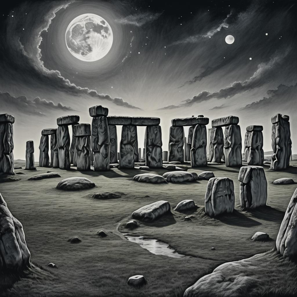 Stonehenge Landscape at Night: Charcoal Drawing
