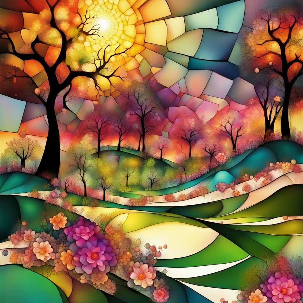 Spring Garden Sunset in Cubist Alcohol Ink Style