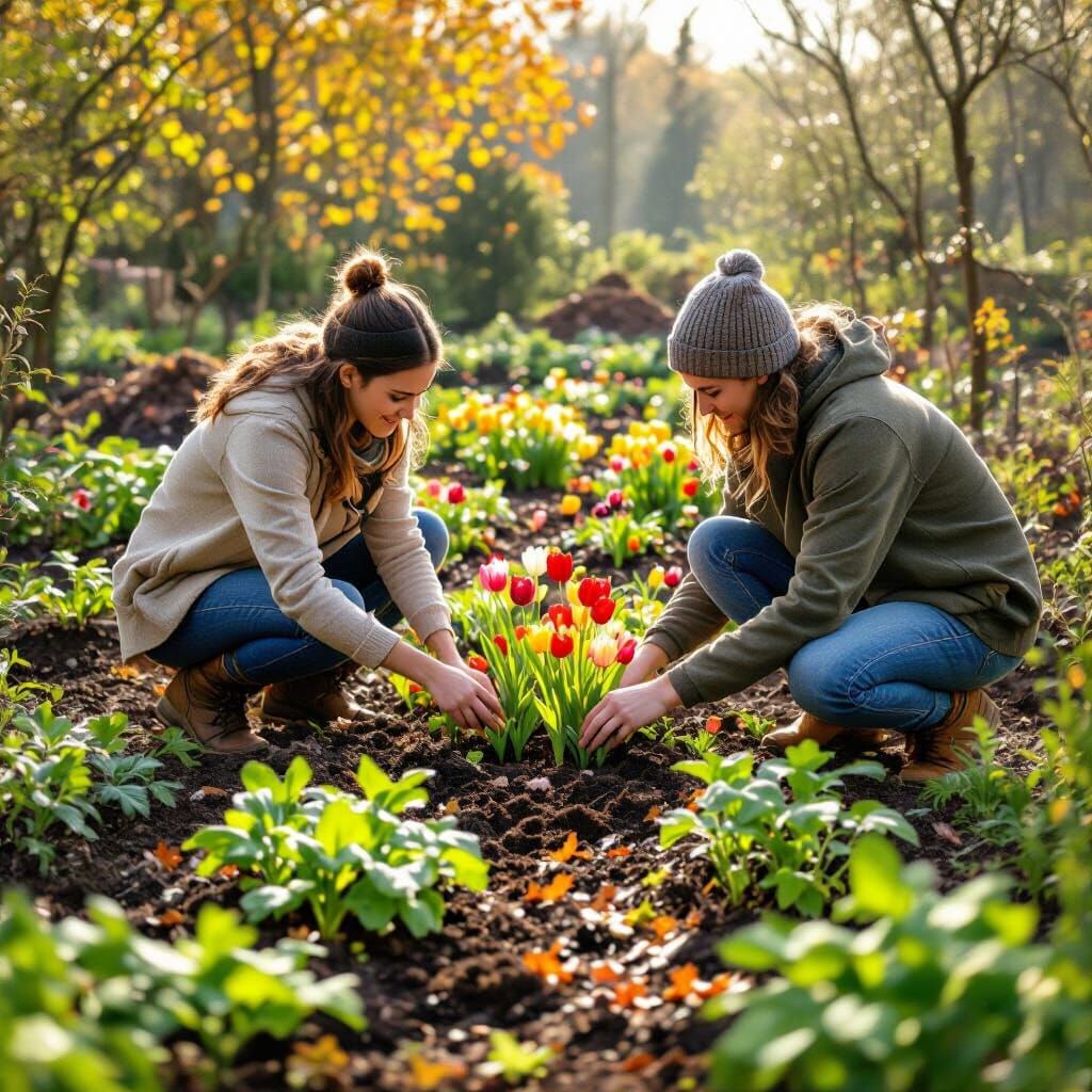 Planting Tulips: A Photorealistic Autumn Garden Scene