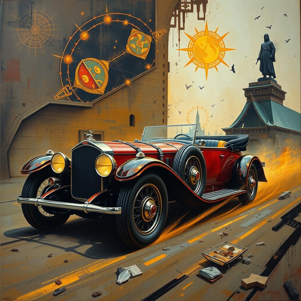 Vintage Stutz-bearcat in Surreal Impasto Art Deco Scene
