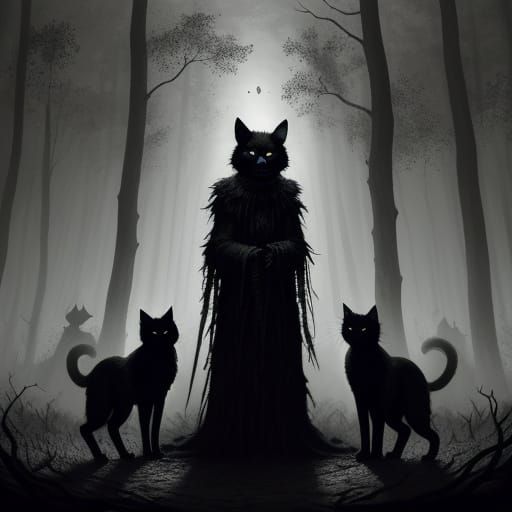 Three Cats in a Haunted Forest, Dark Fantasy Illustration
