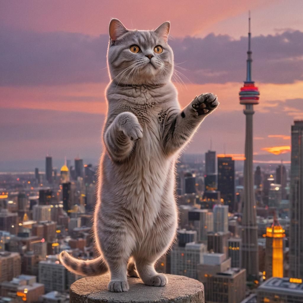 British Shorthair Cat on CN Tower at Sunset