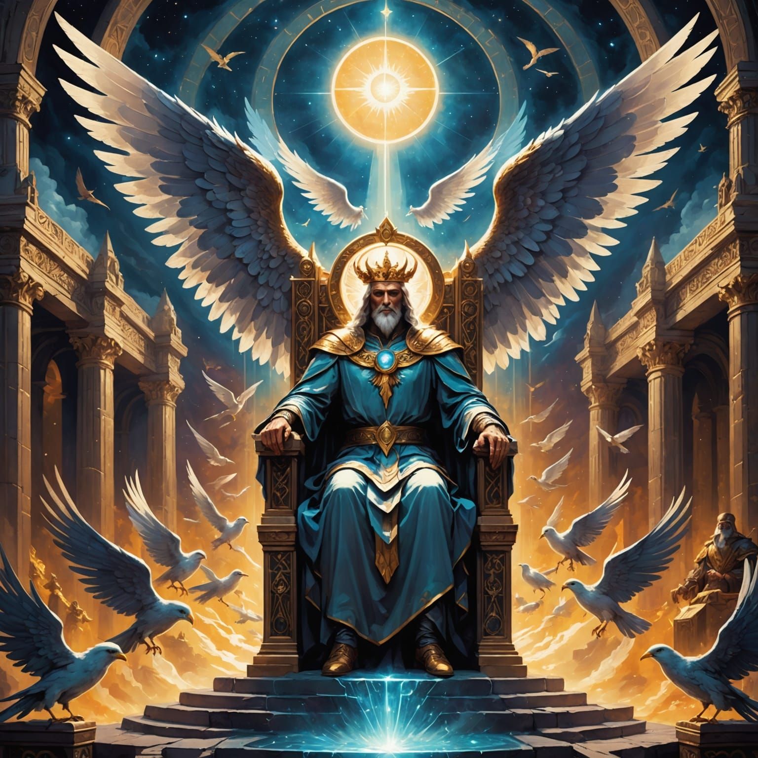 a seraphic augur with outstretched wings sits regally on a rocking throne, presiding over a celestial court. Avian senti...