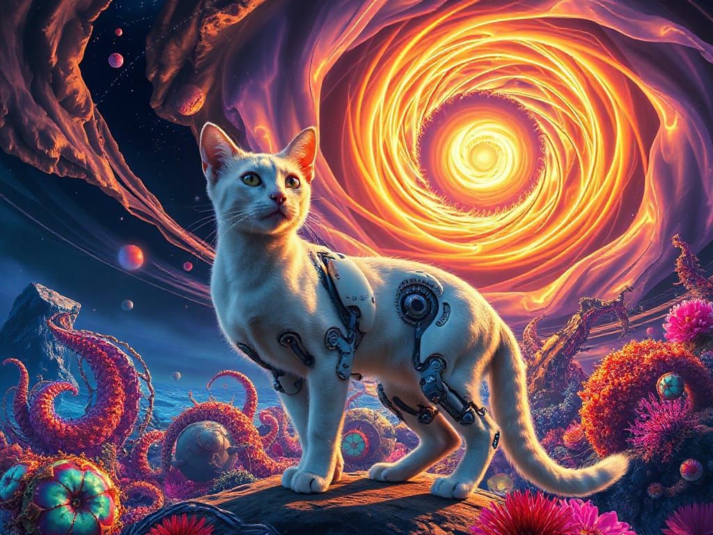 Bio-Mechanical Cat Under Neon Spiral Sky