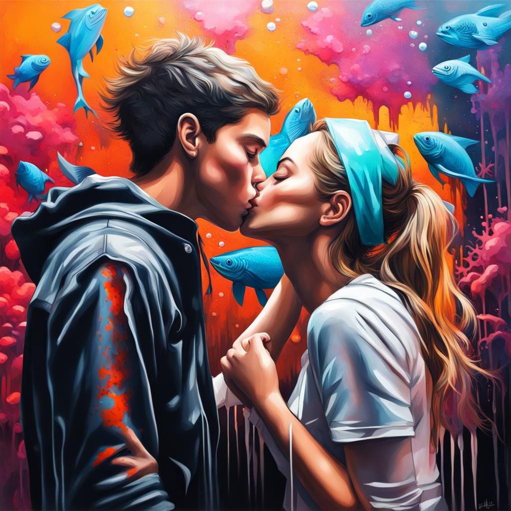 Kissing Students at Aquarium in Graffiti Art Style