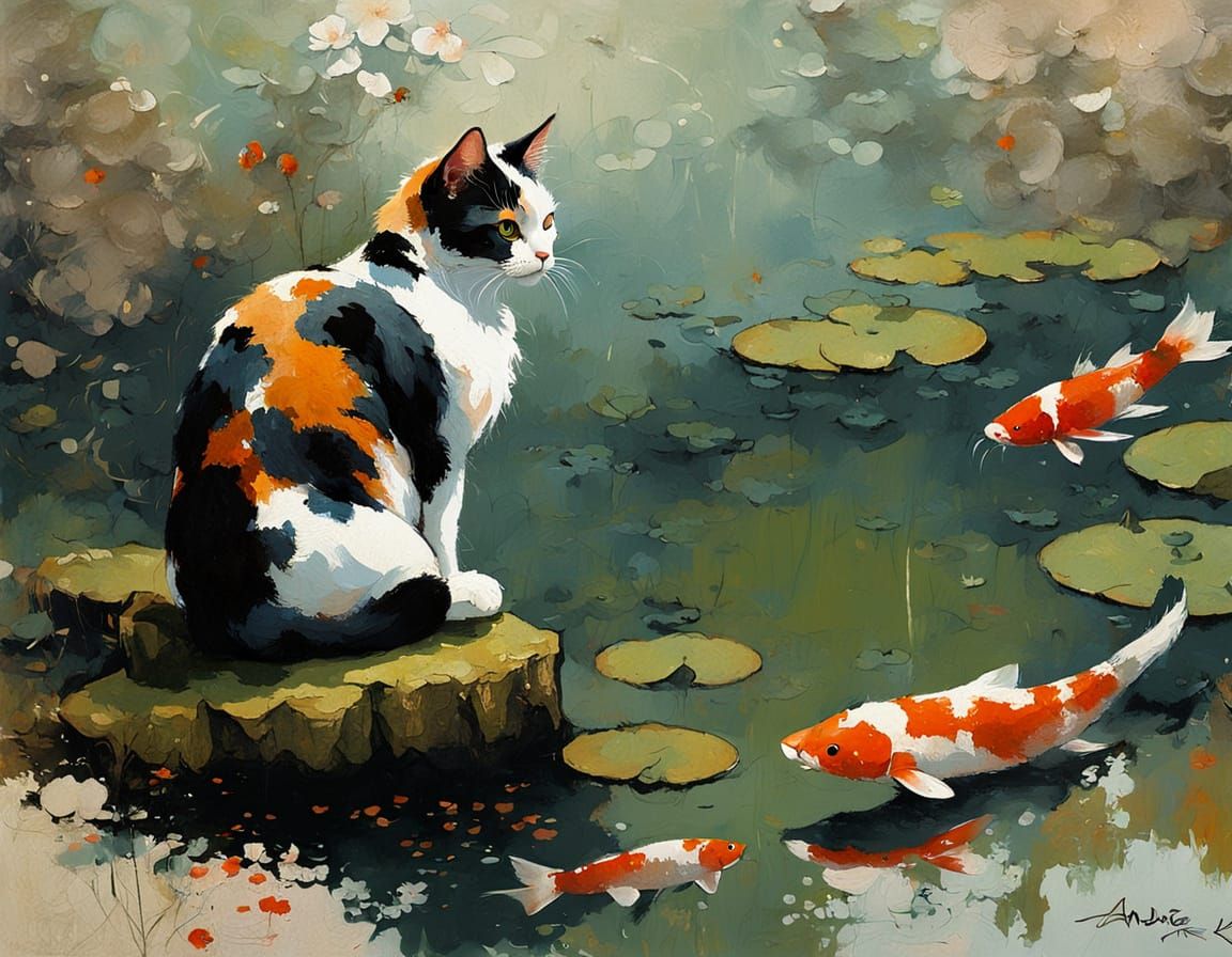 Calico Cat in Surreal Impressionist Garden