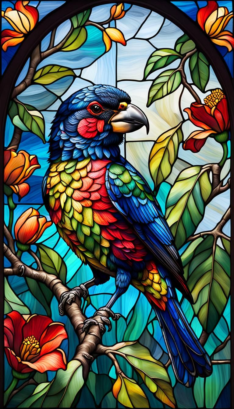 A stained glass window depicts a Taiwan Barbet perched on an African Tulip Tree. Illustration art with vibrant colors.
