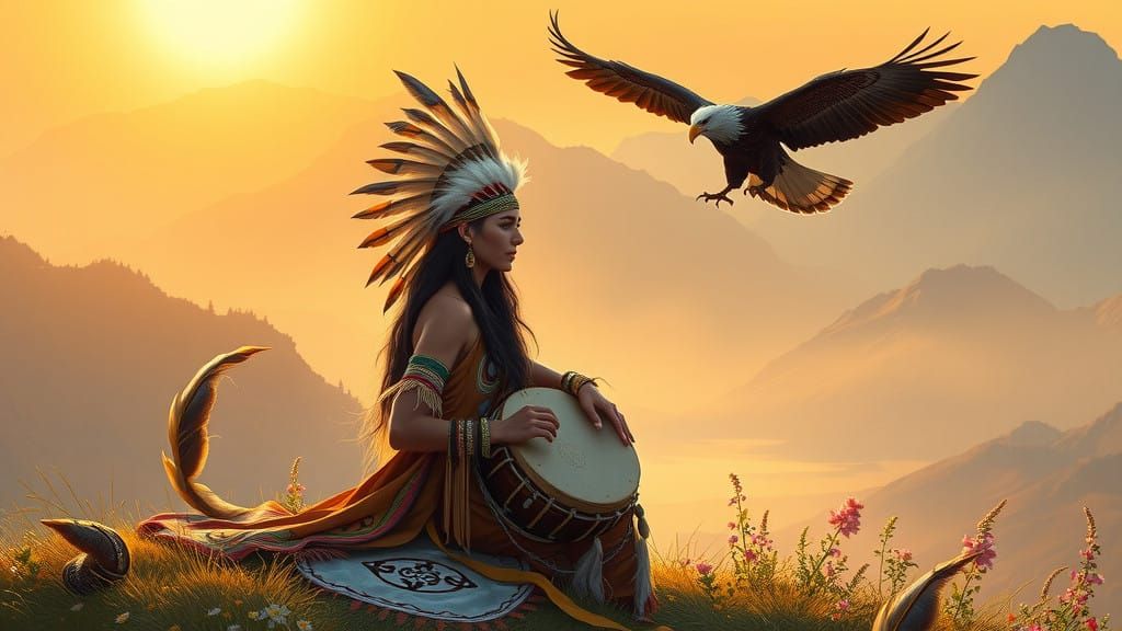 Serenely Adorned Native American Woman in Majestic Mountain...