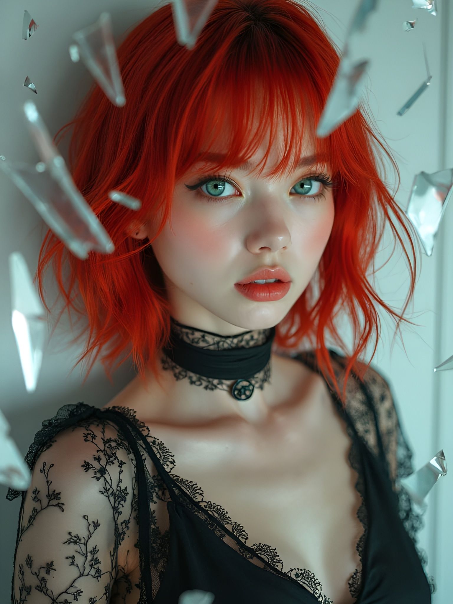 Emo Woman Reflected in Shattered Mirror, K-Pop Style